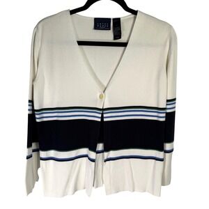VTG Crazy Horse Womens White Striped V-Neck Cardigan Sweater Navy Blue M Coastal